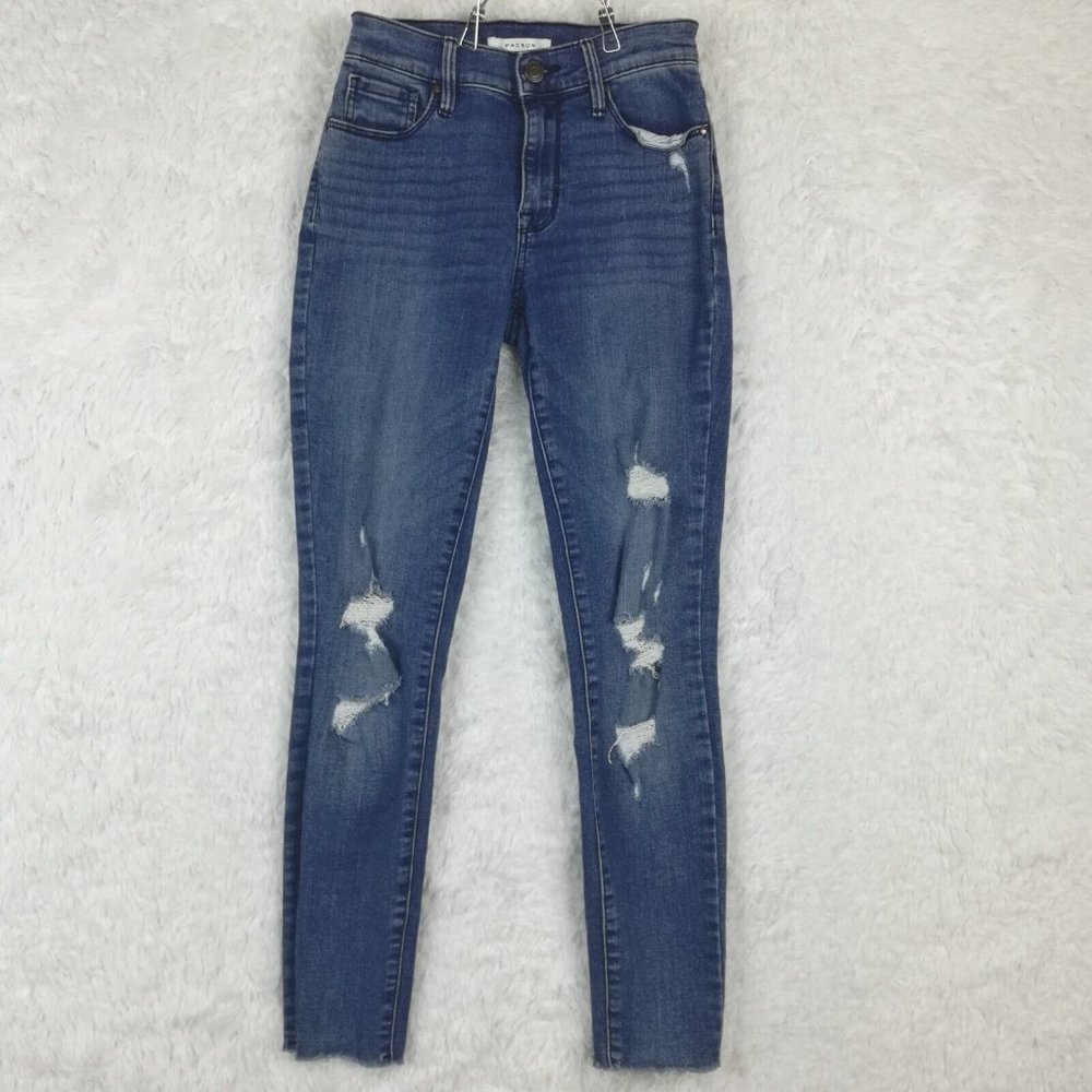Pacsun Womens‎ Jeans Jeggings High Rise Blue Denim Ripped Medium Wash Raw Hem 23